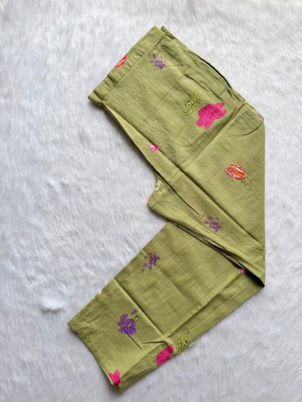Sage Green Round Neck Floral Printed Cotton Kurti Pant Dupatta Set with Tassel Tie-Up