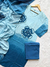Sky Blue V-Notch Neck Floral Printed Cotton Kurti Pant Dupatta Set