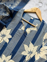 Blue Round Neck Floral Striped Printed Cotton Kurti Pant Dupatta Set