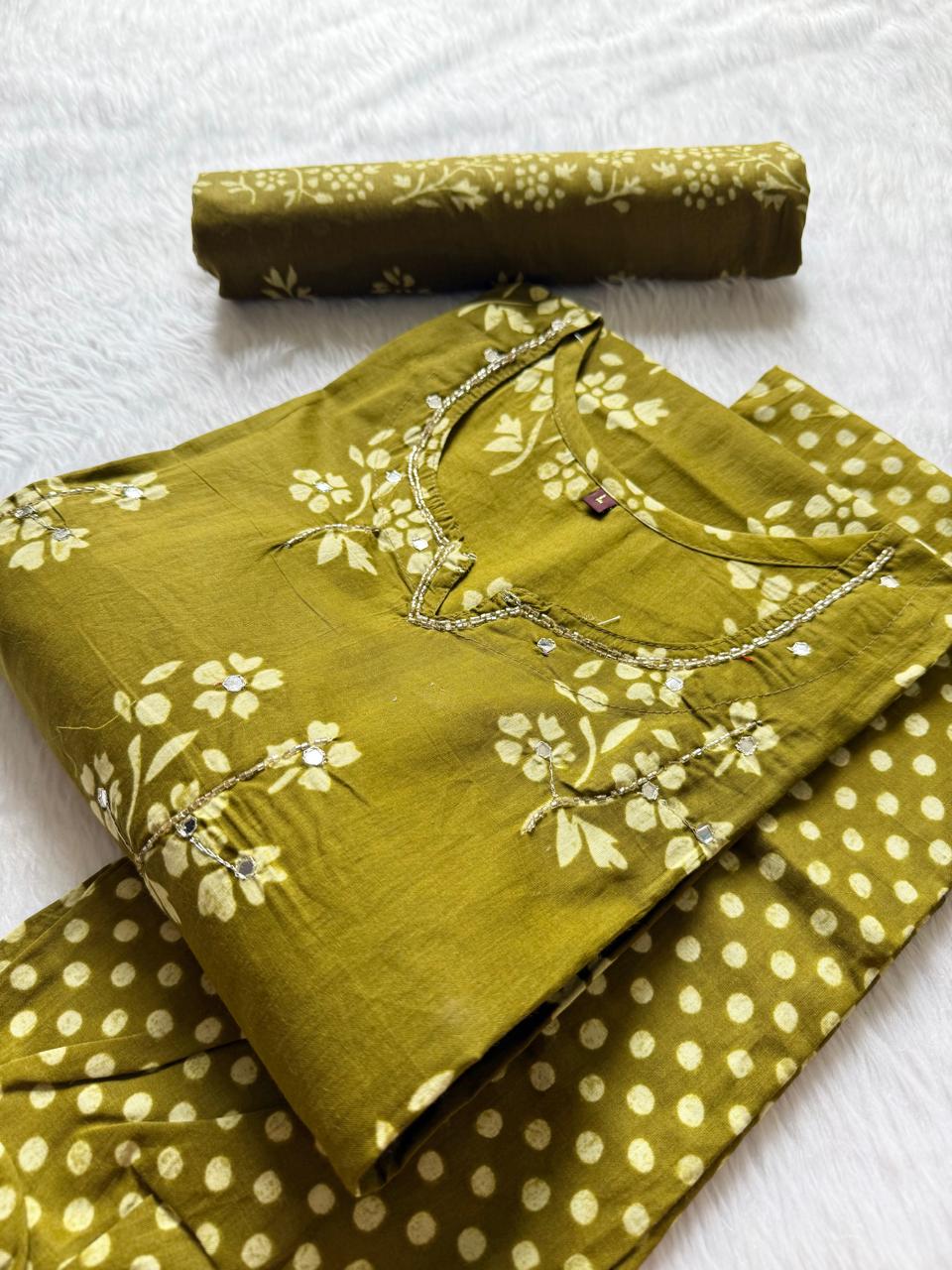 Floral Printed Mirror Work V-Notch Neck Cotton Kurti Pant Dupatta Set - Olive Green