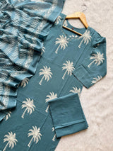 Teal Blue Palm Tree Printed Mirror Work Cotton Kurti Pant Dupatta Set