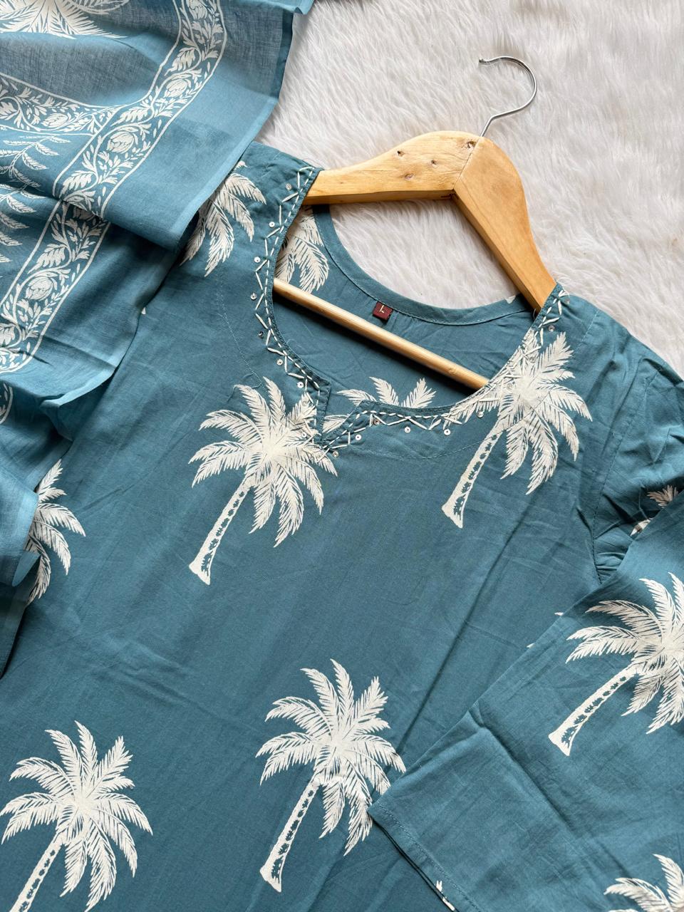 Teal Blue Palm Tree Printed Mirror Work Cotton Kurti Pant Dupatta Set
