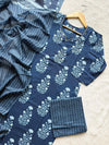 Floral Printed Mirror Work V-Notch Neck Cotton Kurti Pant Dupatta Set - Blue
