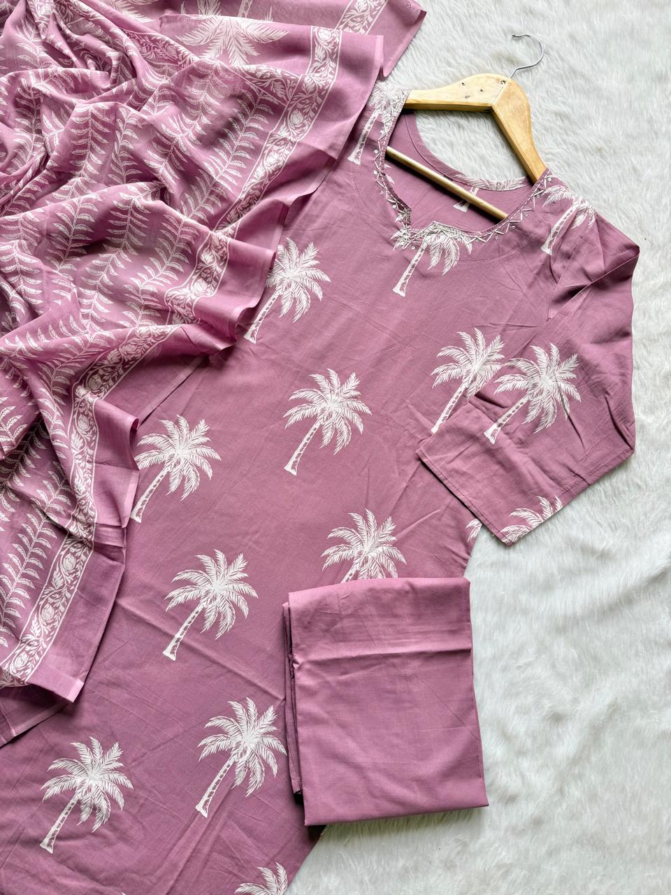 Dusty Pink Palm Tree Printed Mirror Work Cotton Kurti Pant Dupatta Set