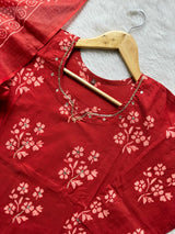 Floral Printed Mirror Work Neck Cotton Kurti Pant Dupatta Set - Red