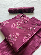 Floral Printed Mirror Work Neck Cotton Kurti Pant Dupatta Set - Wine