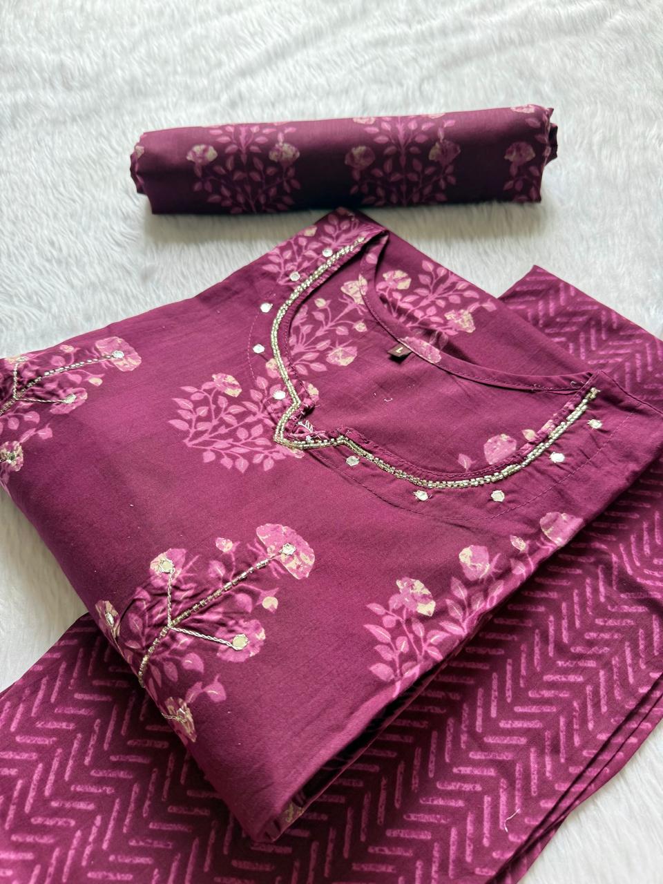Floral Printed Mirror Work Neck Cotton Kurti Pant Dupatta Set - Wine