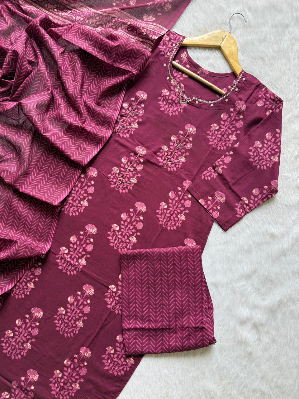 Floral Printed Mirror Work Neck Cotton Kurti Pant Dupatta Set - Wine