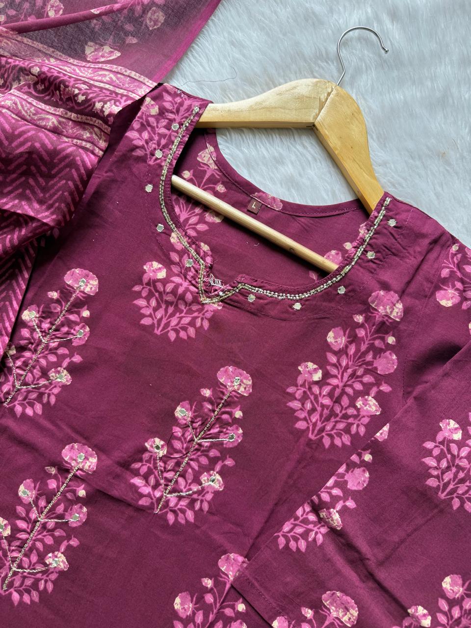 Floral Printed Mirror Work Neck Cotton Kurti Pant Dupatta Set - Wine