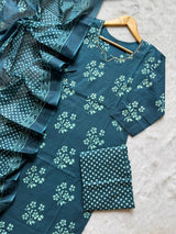 Floral Printed Mirror Work V-Notch Neck Cotton Kurti Pant Dupatta Set - Teal Blue