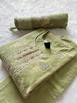 Pistachio Green Pure Tissue Shimmer Silk Embroidered Kurti Pant Dupatta Set