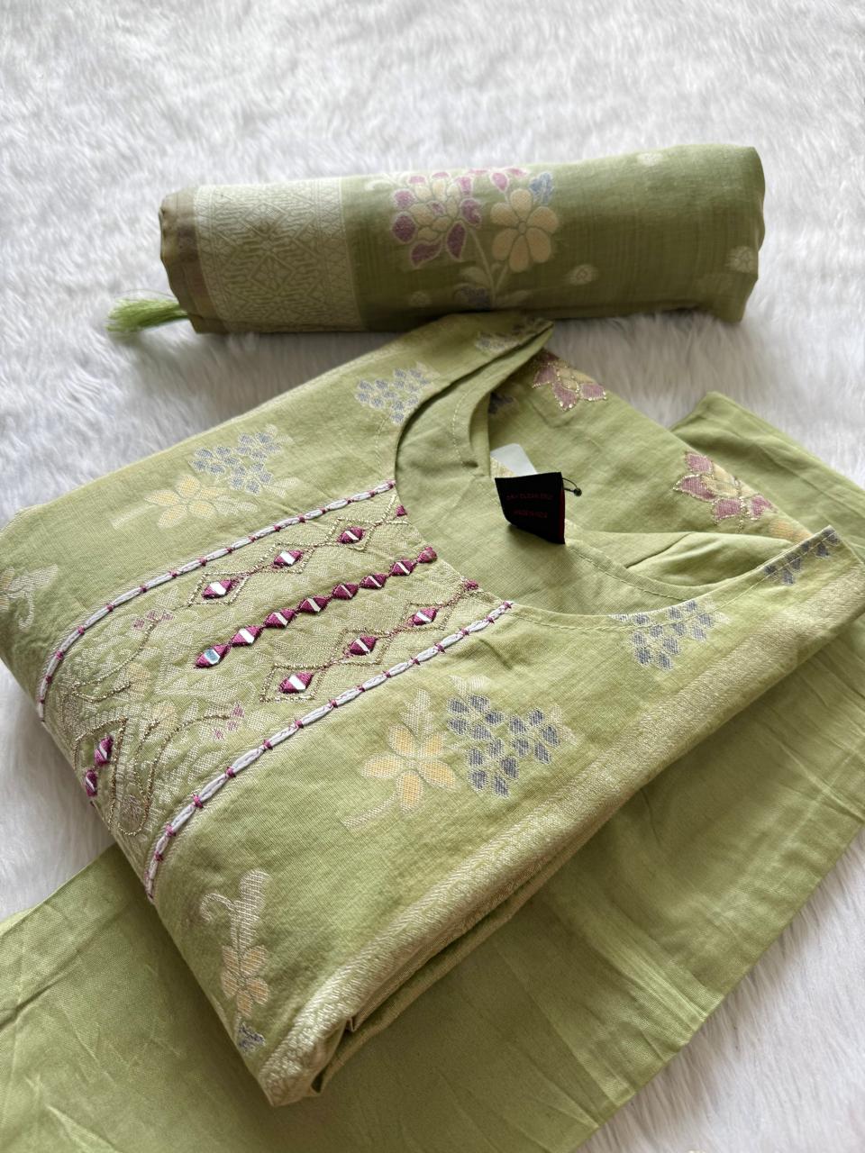 Pistachio Green Pure Tissue Shimmer Silk Embroidered Kurti Pant Dupatta Set