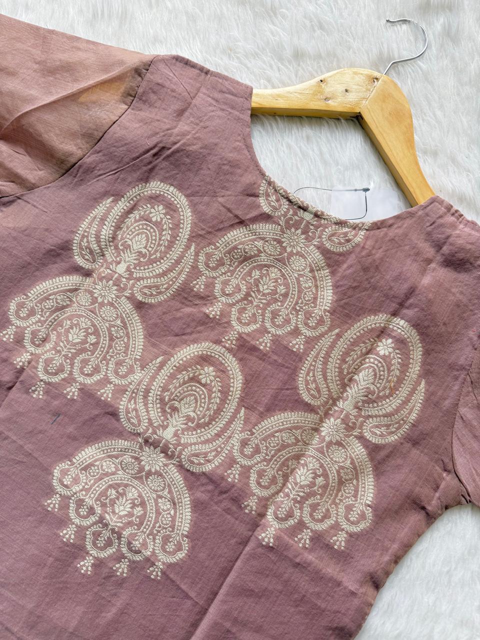 Mauve Tissue Shimmer Silk Embroidered Kurti Pant Dupatta Set