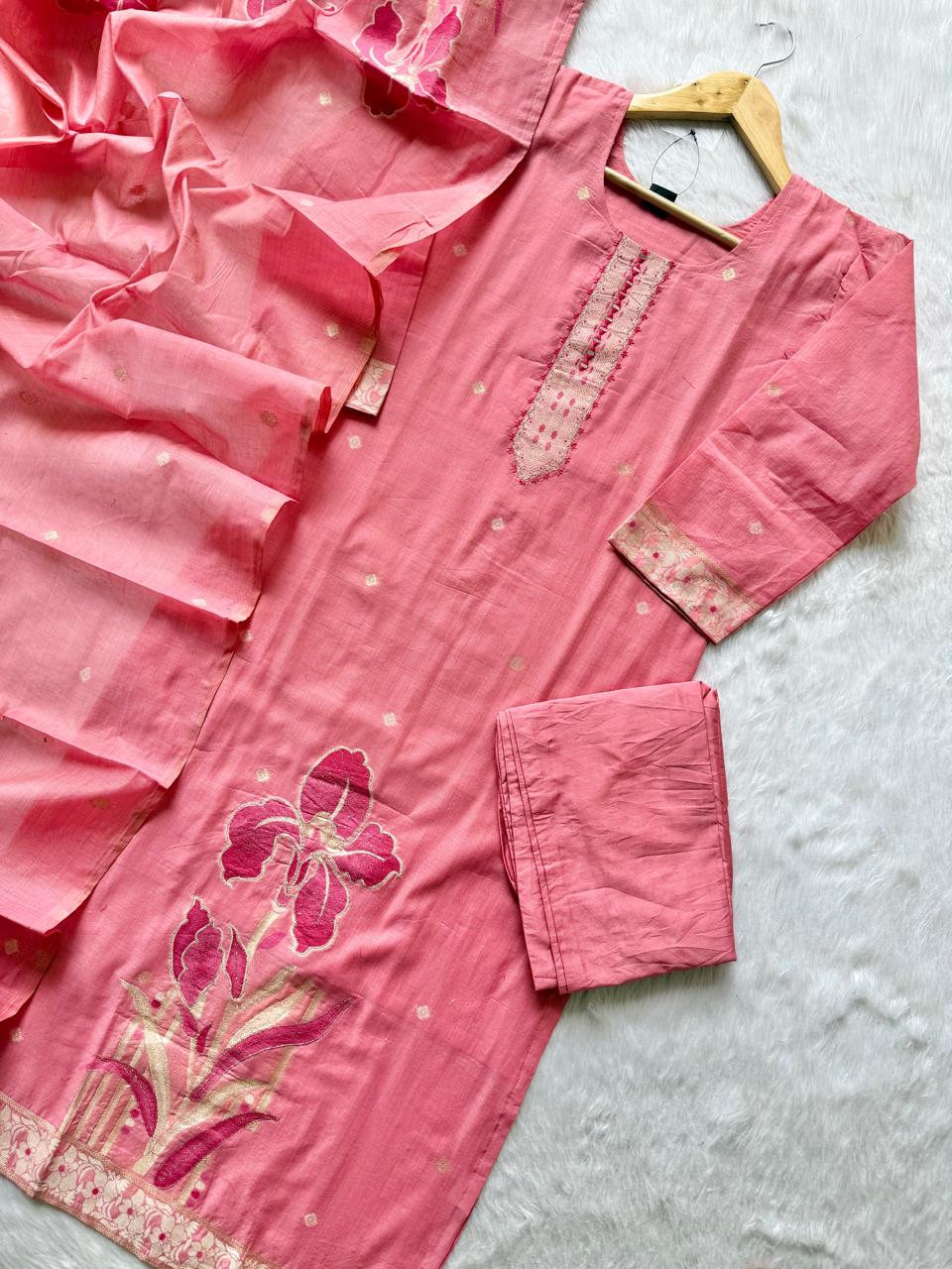 Pink Tissue Shimmer Silk Embroidered Kurti Pant Dupatta Set