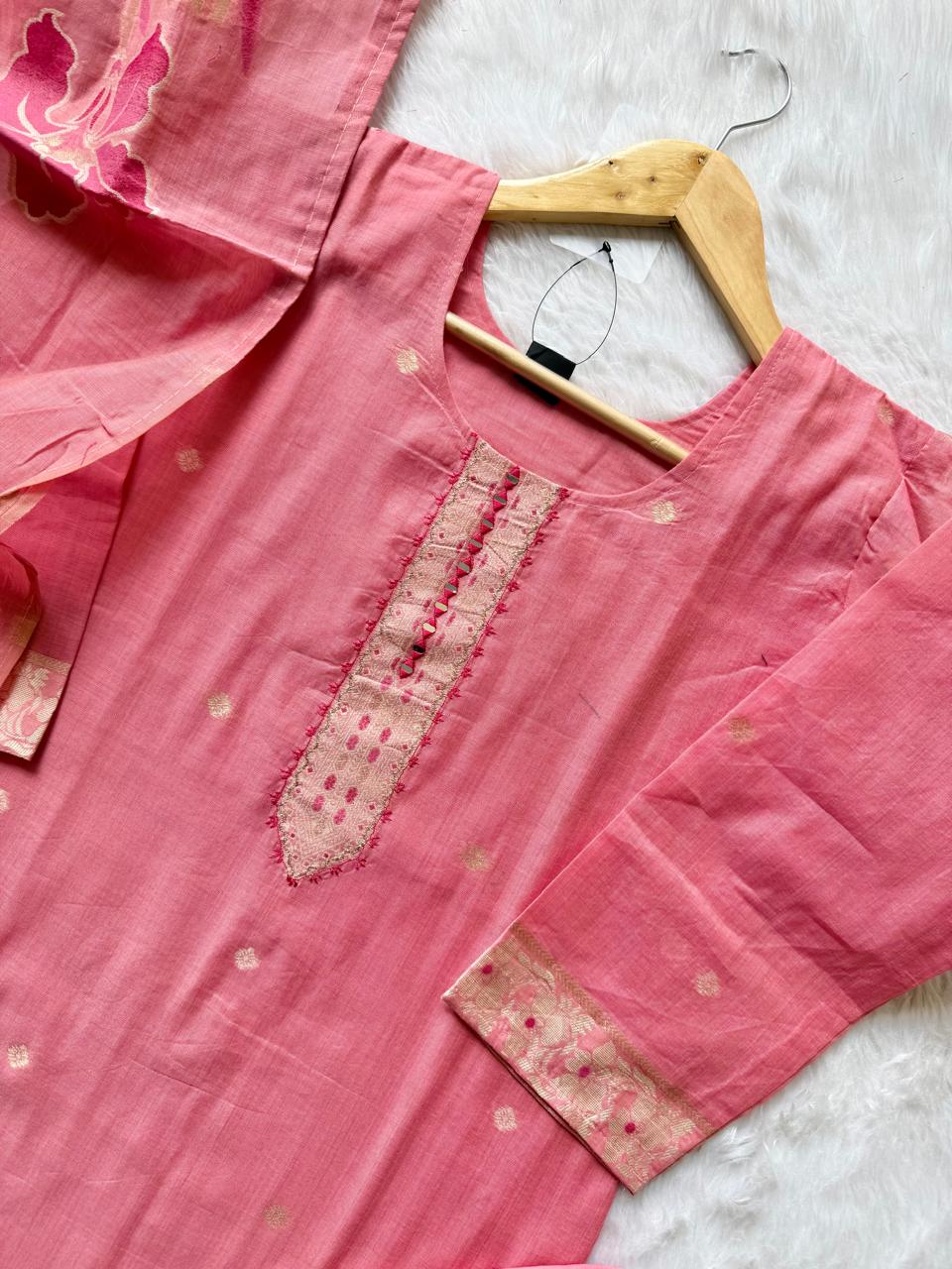 Pink Tissue Shimmer Silk Embroidered Kurti Pant Dupatta Set