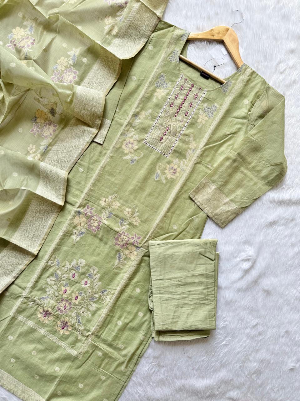 Pistachio Green Pure Tissue Shimmer Silk Embroidered Kurti Pant Dupatta Set