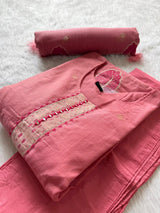 Pink Tissue Shimmer Silk Embroidered Kurti Pant Dupatta Set