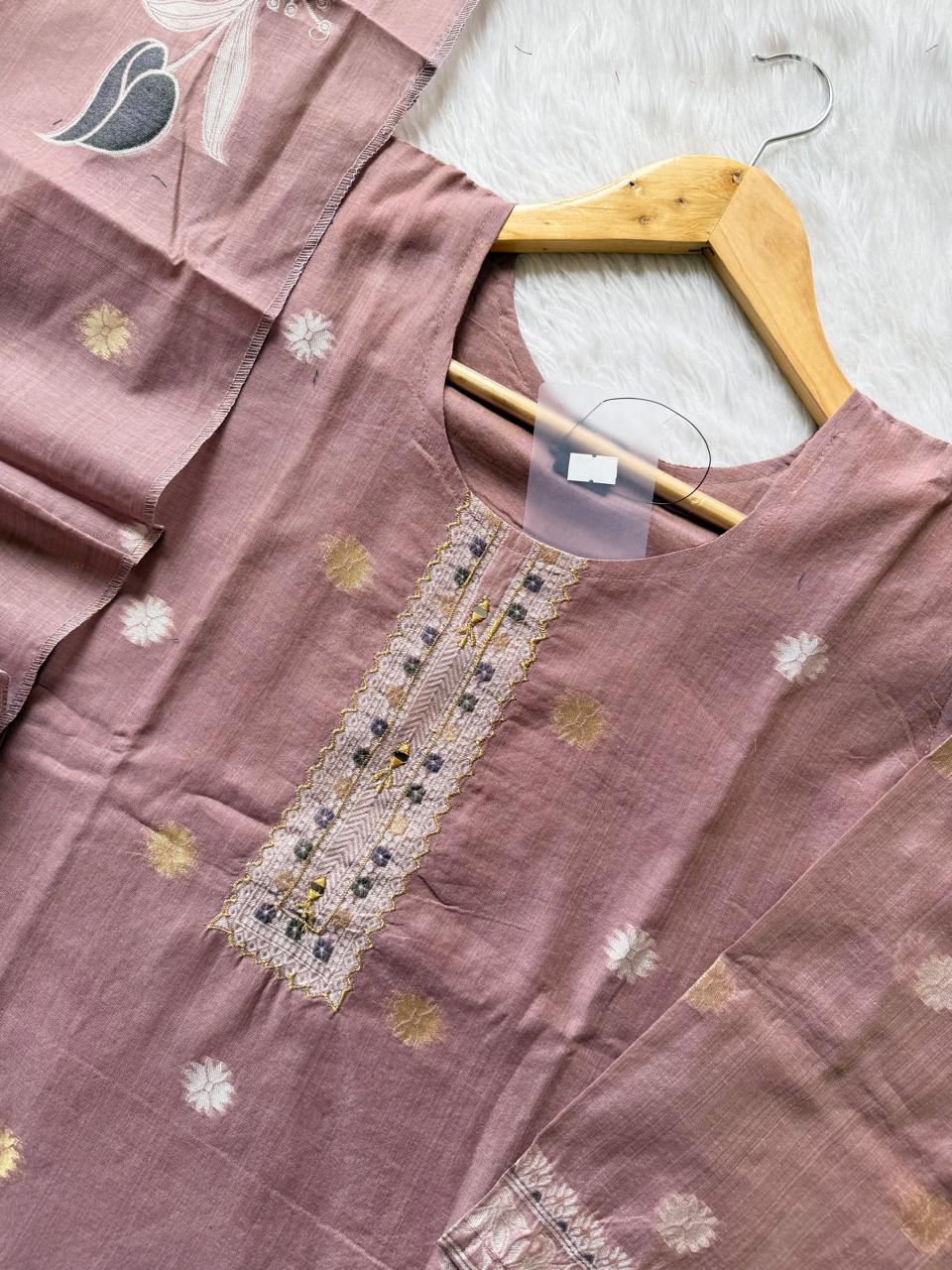 Dusty Pink Pure Tissue Shimmer Silk Embroidered Kurti Pant Dupatta Set