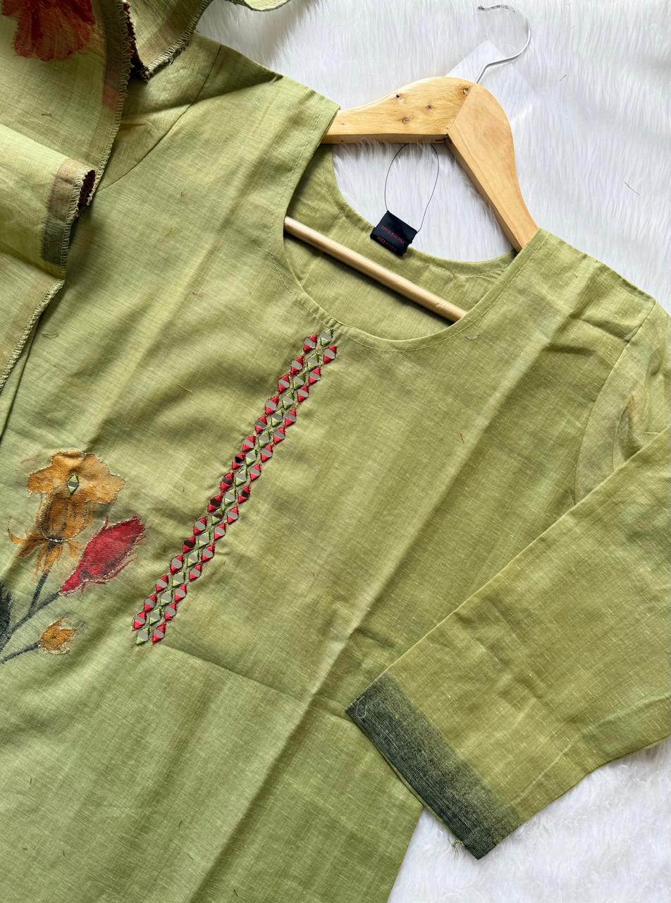 Olive Green Tissue Shimmer Silk Kurti Pant Dupatta Set