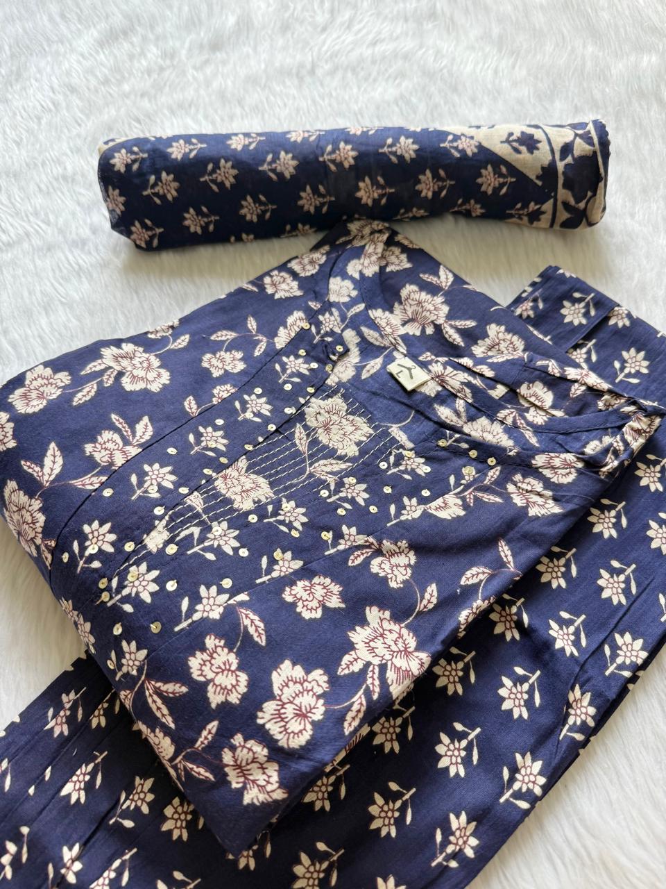 Navy Blue Floral Printed Kurti Neck Work Pant Dupatta Set