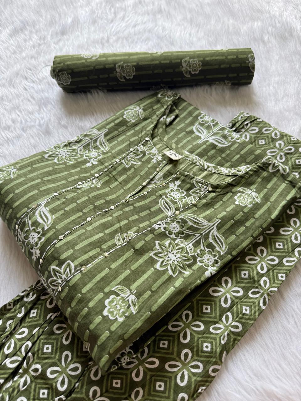 Olive Green Cotton Kurti Pant Dupatta Set for Women
