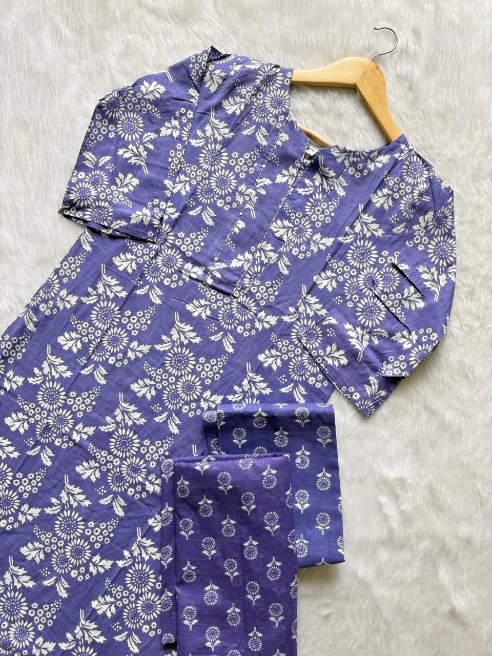 Lavender Floral Printed Cotton Kurti Pant Dupatta Set