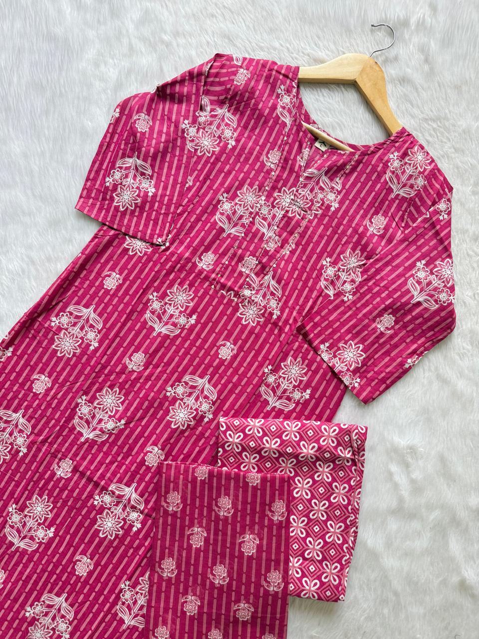 Pink Cotton Kurti Pant Dupatta Set for Women