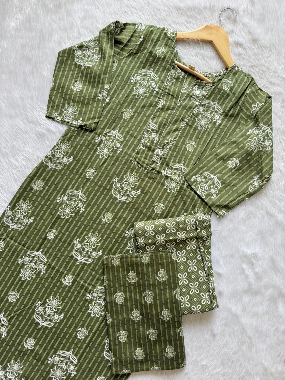 Olive Green Cotton Kurti Pant Dupatta Set for Women