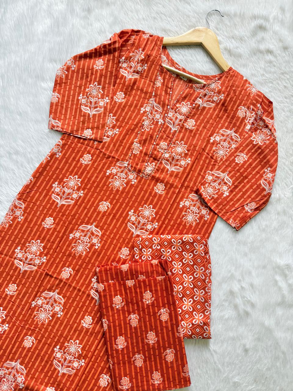 Orange Cotton Kurti Pant Dupatta Set for Women