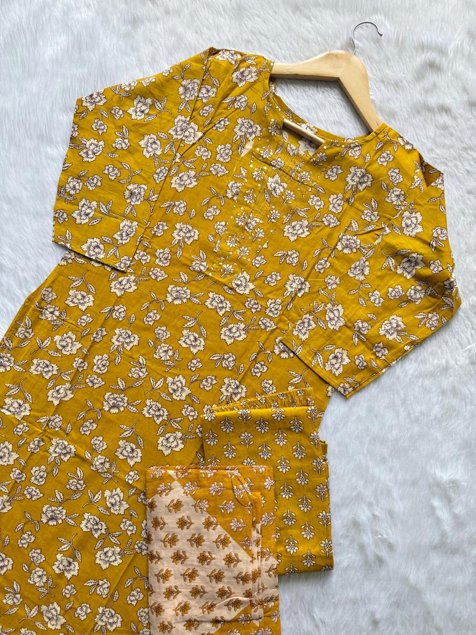 Mustard Yellow Floral Printed Kurti Neck Work Pant Dupatta Set