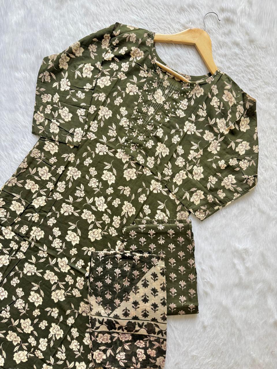 Olive Green Floral Printed Kurti Neck Work Pant Dupatta Set