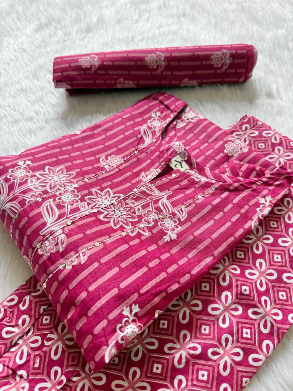 Pink Cotton Kurti Pant Dupatta Set for Women