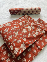 Rust Orange Floral Printed Kurti Neck Work Pant Dupatta Set