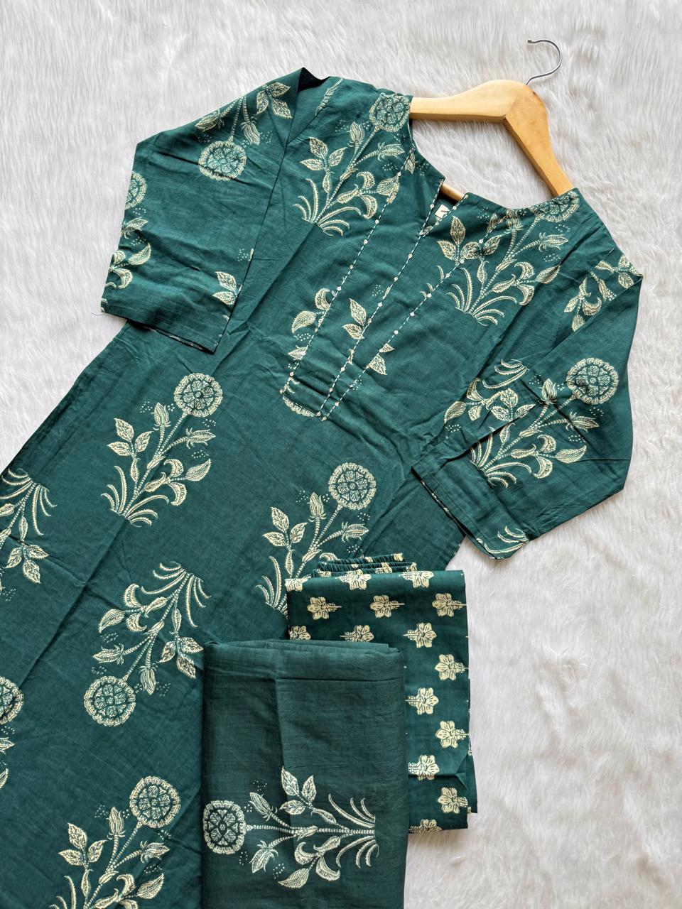 Teal Green Floral Printed Kurti Neck Work Pant Dupatta Set