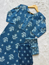 Blue Cotton Kurti Pant Dupatta Set for Women