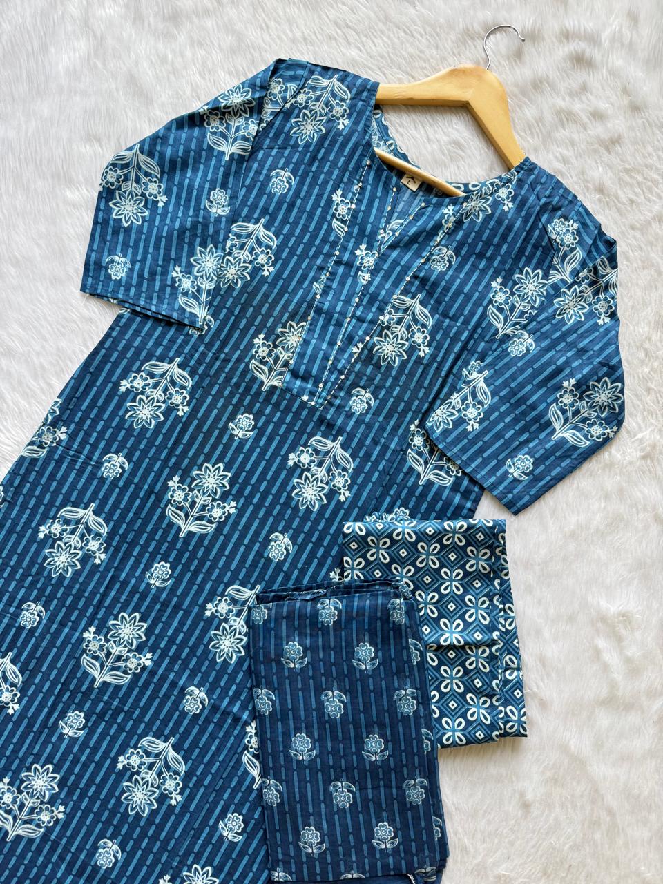 Blue Cotton Kurti Pant Dupatta Set for Women