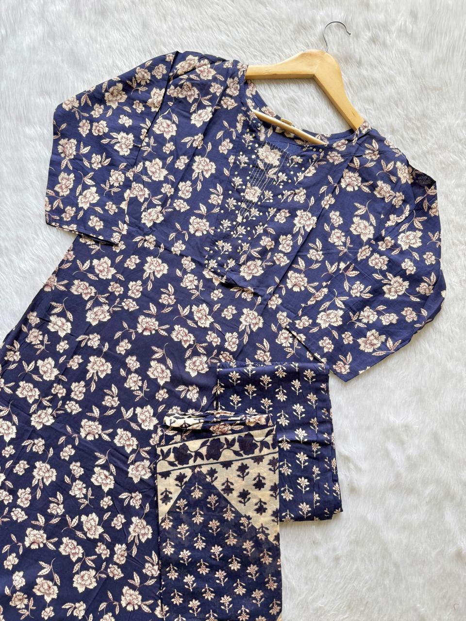Navy Blue Floral Printed Kurti Neck Work Pant Dupatta Set