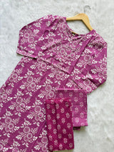 Magenta Floral Printed Cotton Kurti Pant Dupatta Set