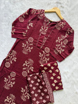 Maroon Floral Printed Kurti Neck Work Pant Dupatta Set