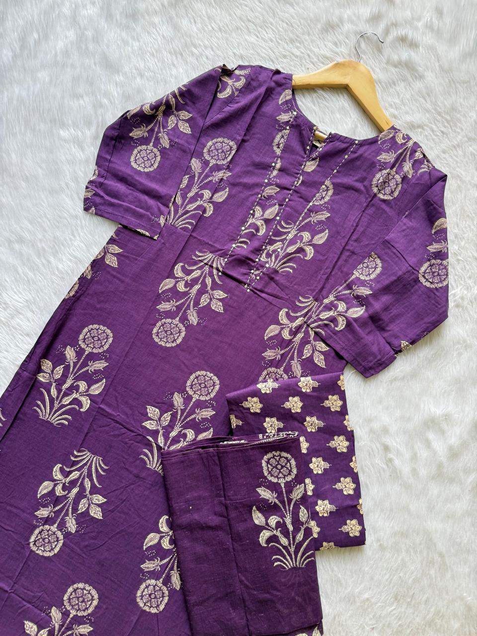Purple Floral Printed Kurti Neck Work Pant Dupatta Set