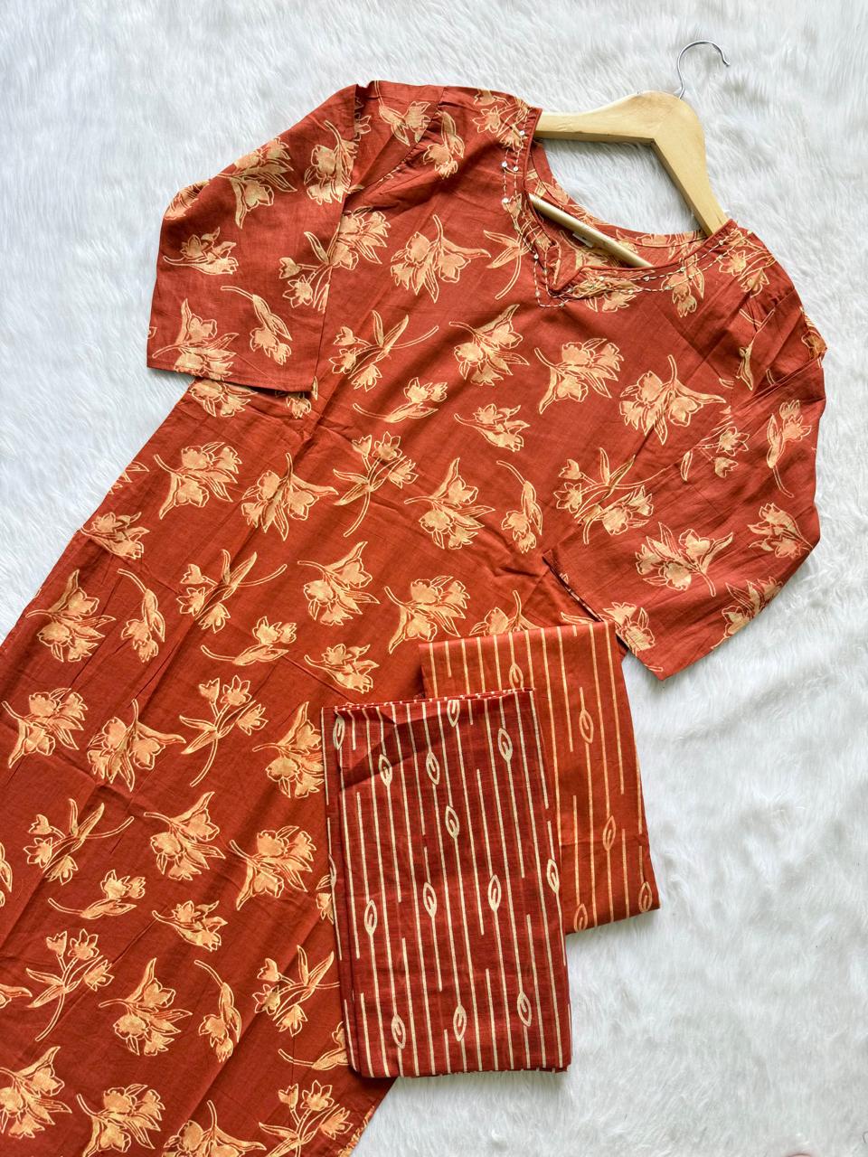 Cotton Rust Orange Floral Printed Kurti Pant Dupatta Set