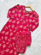 Cotton Pink Floral Printed Cotton Kurti Pant Dupatta Set