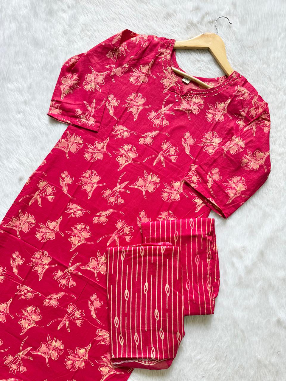 Cotton Pink Floral Printed Cotton Kurti Pant Dupatta Set