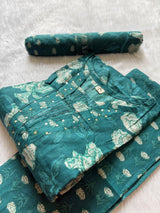 Teal Green Floral Printed Cotton Kurti Pant Dupatta Set