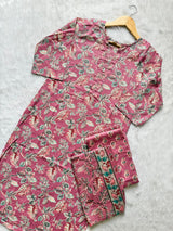 Cotton Rose Pink Floral Printed Cotton Kurti Pant Dupatta Set