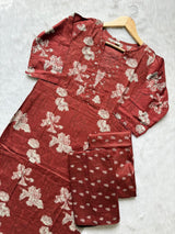 Rust Red Floral Printed Cotton Kurti Pant Dupatta Set