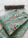 Sea Green Floral Printed Cotton Kurti Pant Dupatta Set