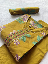 Mustard Floral Printed Cotton Kurti Pant Dupatta Set