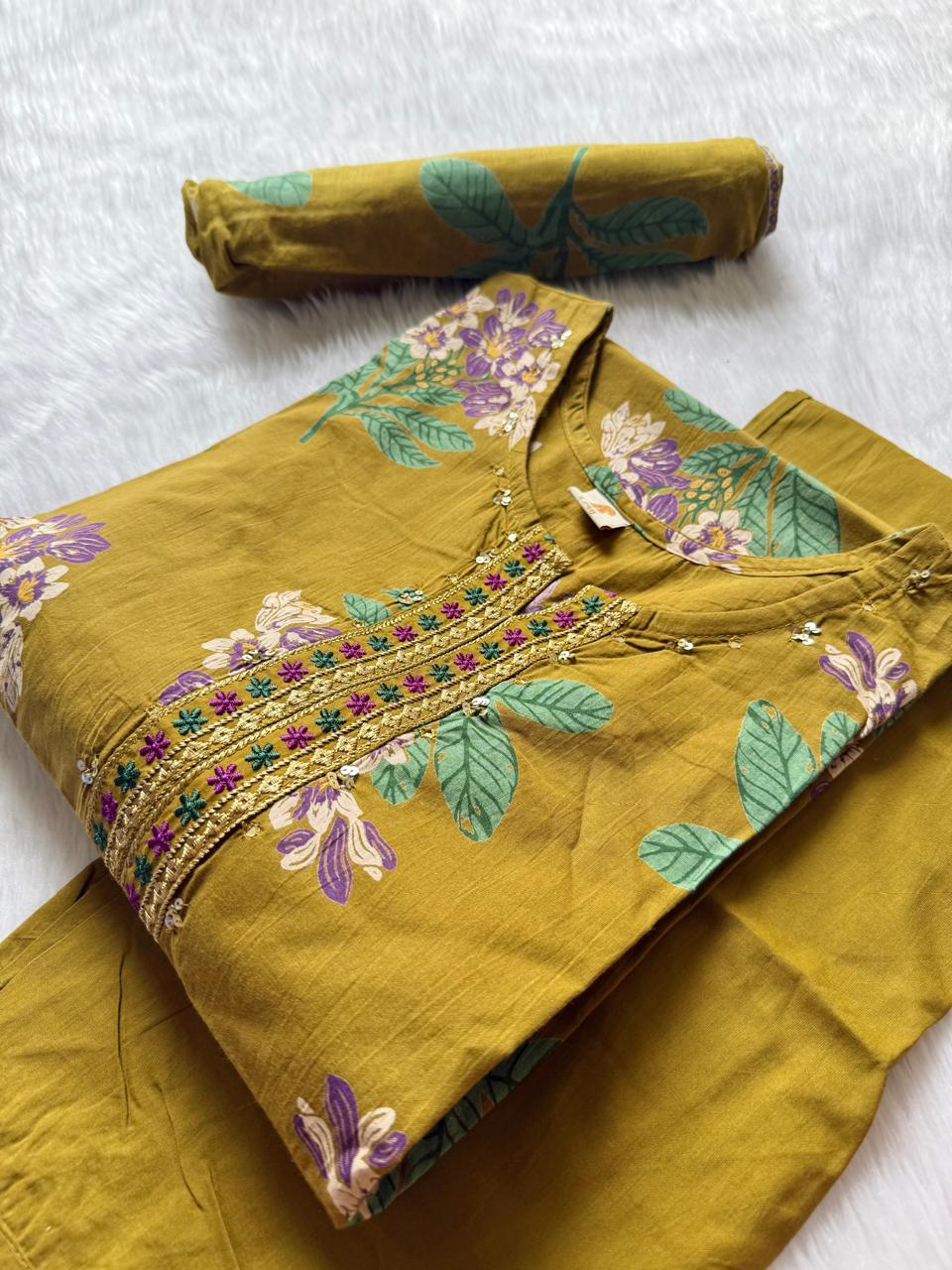Mustard Floral Printed Cotton Kurti Pant Dupatta Set