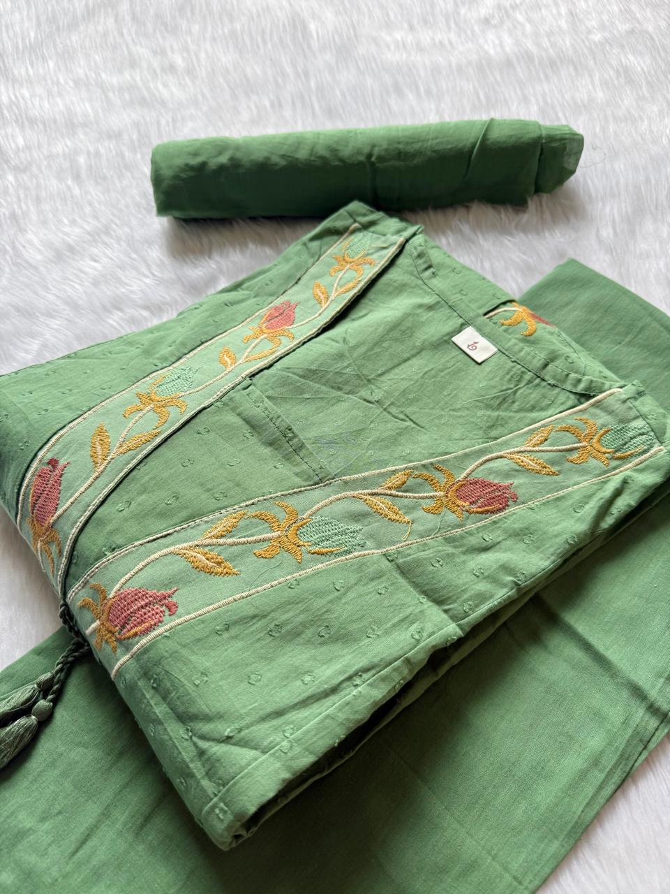 Pista Green Cotton Embroidered Umbrella Kurta Pant with Embroidered Dupatta Set